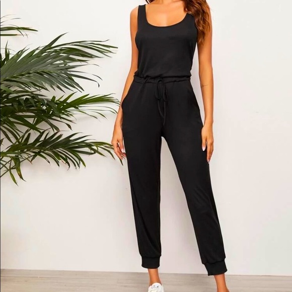 Scoop Neck Drawstring Waist Tank Jumpsuit XL black